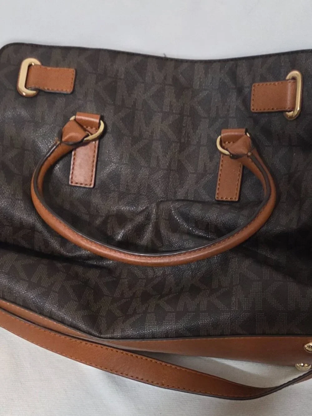 Michael Kors Hamilton Legacy Large Logo Satchel Bag Brown Acorn Gold MK Tote